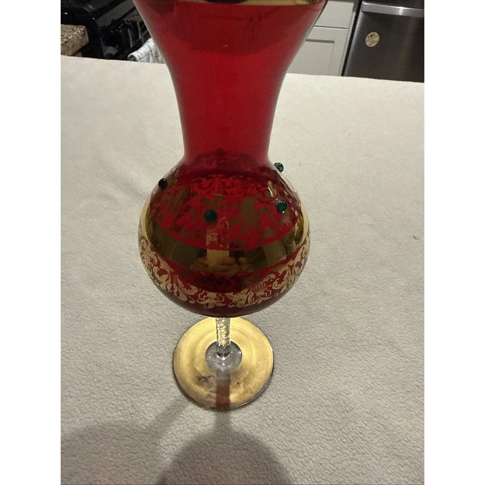 Vintage Ruby Red Bohemian Glass Footed Bud Vase With Beads